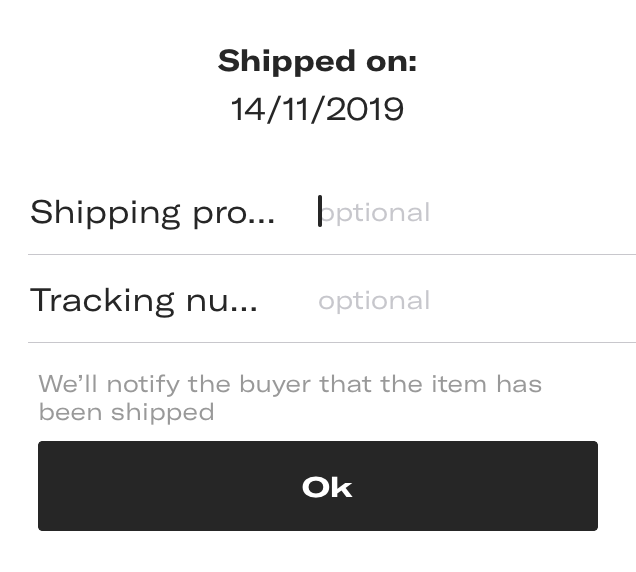 Screenshot from the depop app saying 'Shipped on: 14/11/2019' and asking the user for Shipping pro... and Tracking nu...